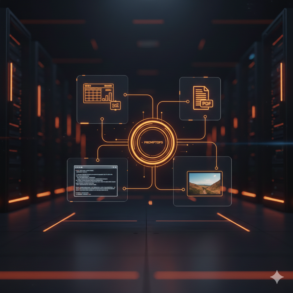 High-tech 3D grid of digital folders with a central glowing box labeled PromptOps, representing organized prompt engineering.