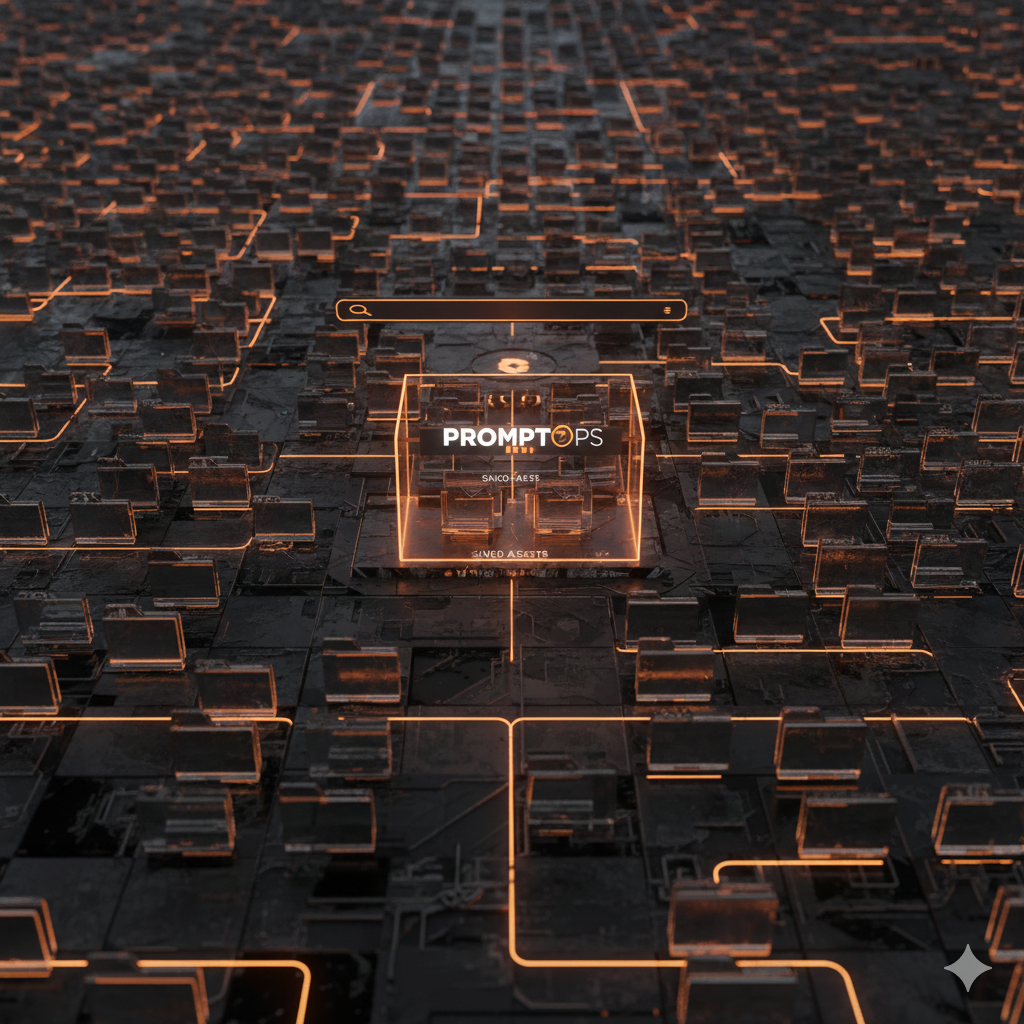 Digital production interface showing high-fidelity documents and assets being exported from the PromptOps canvas.